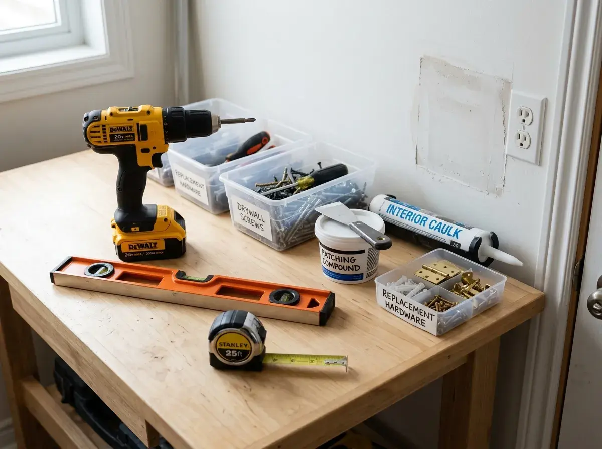 Repair tools and materials laid out for a renovation project